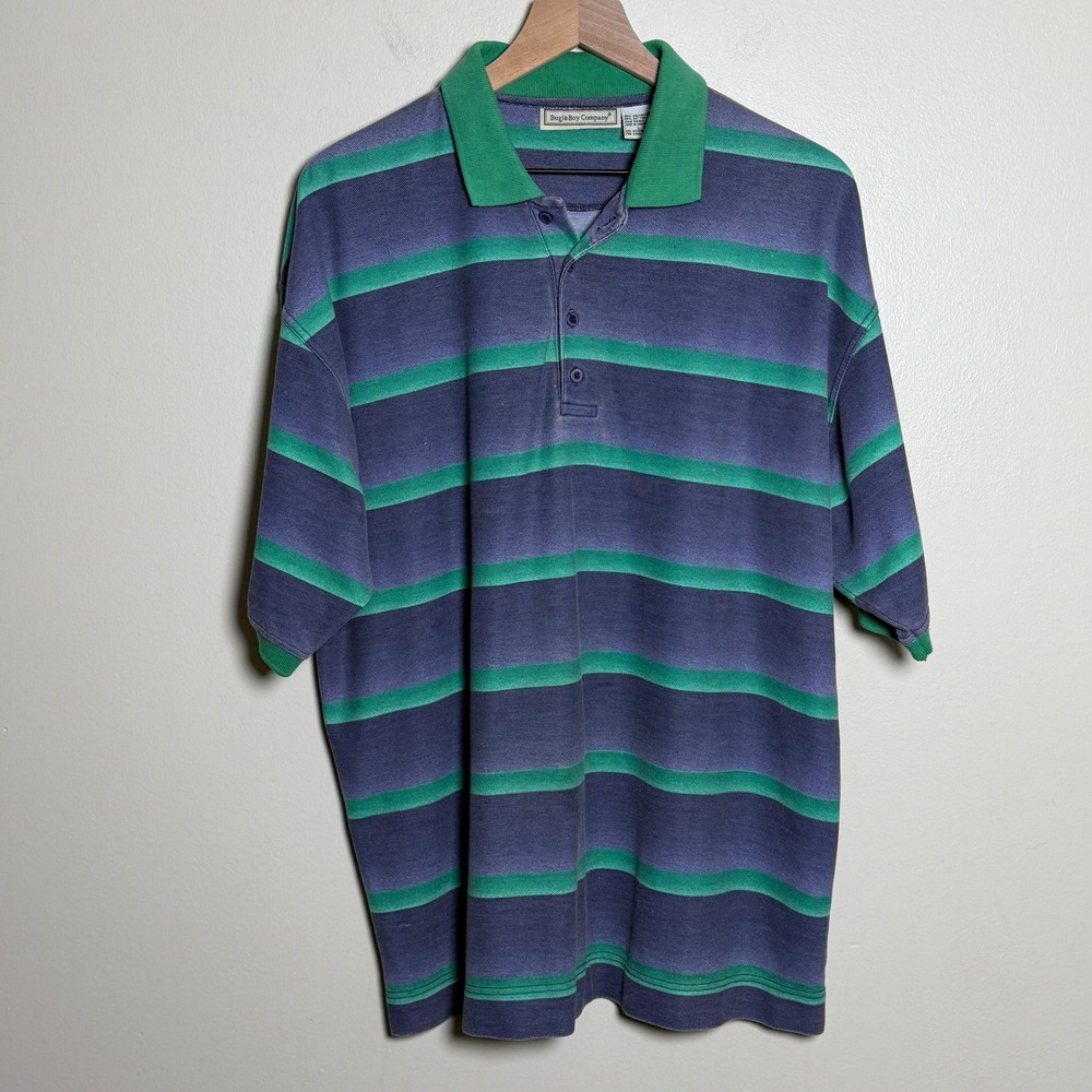 Bugle Boy VTG Mens Cotton Polo L Green Striped Pique Knit 90s Preppy Dadcore